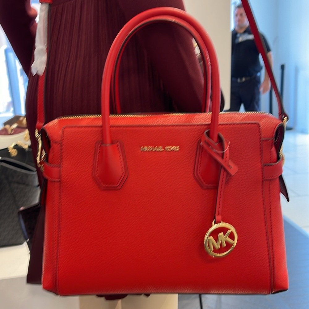 Michael Kors Mercer Medium Top-Zip Belted Satchel Crossbody Purse 
BRIGHT RED
NW - Picture 10 of 16